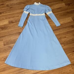 Vintage Prairie Maxi Dress Womens Medium Blue Lace High Neck Long Sleeve 70s